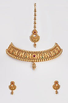 Gold Finish Red Stone Temple Necklace Set
