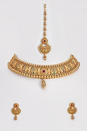 Gold Finish Red Stone Temple Necklace Set