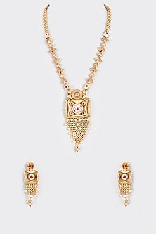 Gold Finish Kundan Polki & Red Stone Long Temple Necklace Set