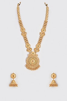 Gold Finish Kundan Polki & Multi-Colored Stone Long Temple Necklace Set