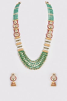 Gold Finish Kundan Polki & Multi-Colored Stone Long Necklace Set