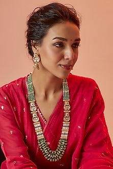 Gold Finish Kundan Polki & Multi-Colored Stone Long Necklace Set