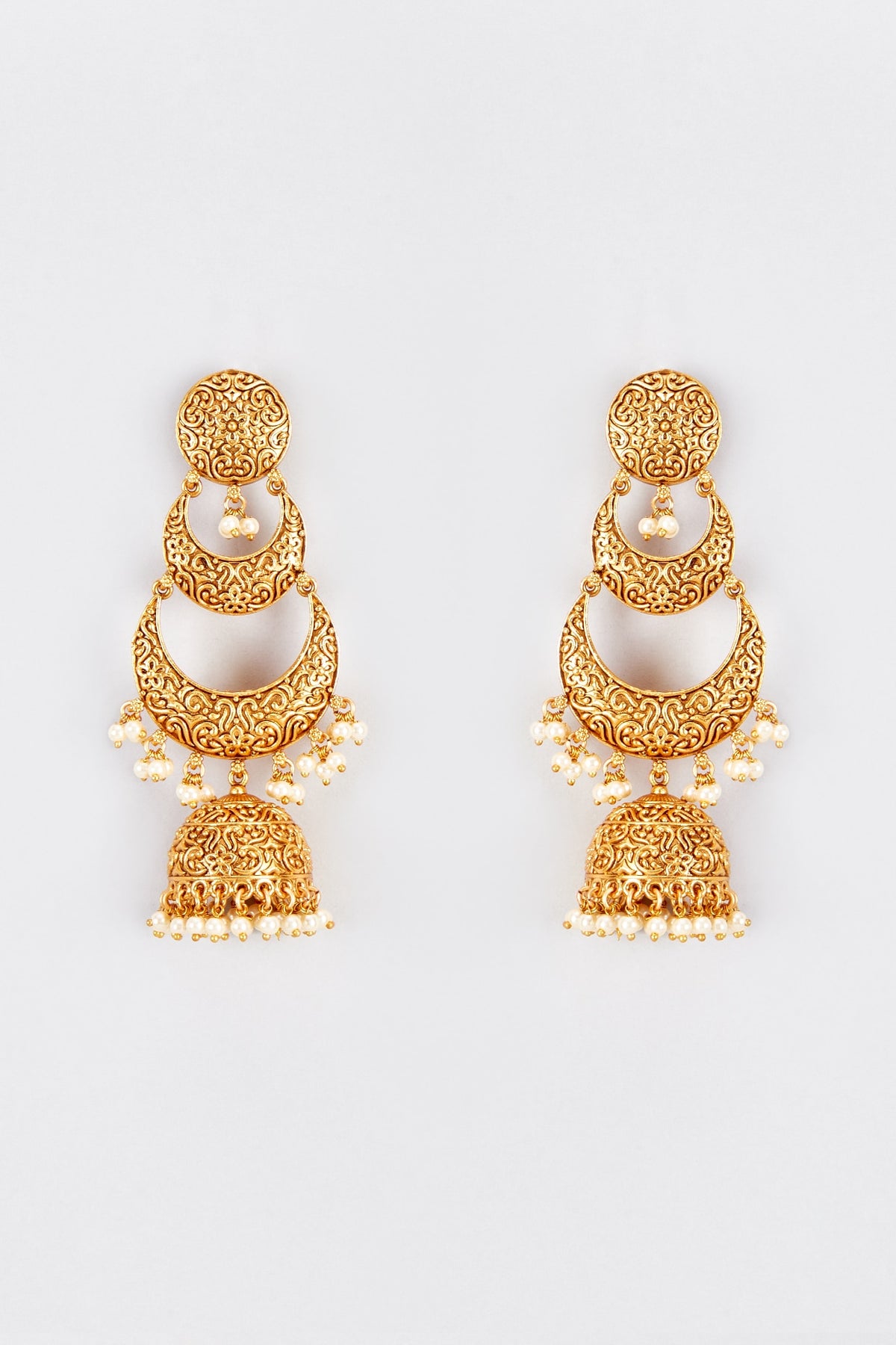 Gold Finish Kundan Polki & Pearl Temple Jhumka Earrings