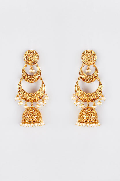 Gold Finish Kundan Polki & Pearl Temple Jhumka Earrings
