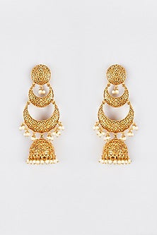 Gold Finish Kundan Polki & Pearl Temple Jhumka Earrings