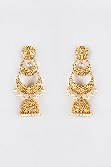 Gold Finish Kundan Polki & Pearl Temple Jhumka Earrings
