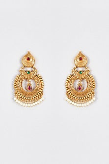 Gold Finish Kundan Polki & Multi-Colored Stone Temple Chandbali Earrings