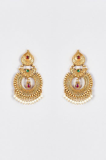 Gold Finish Kundan Polki & Multi-Colored Stone Temple Chandbali Earrings