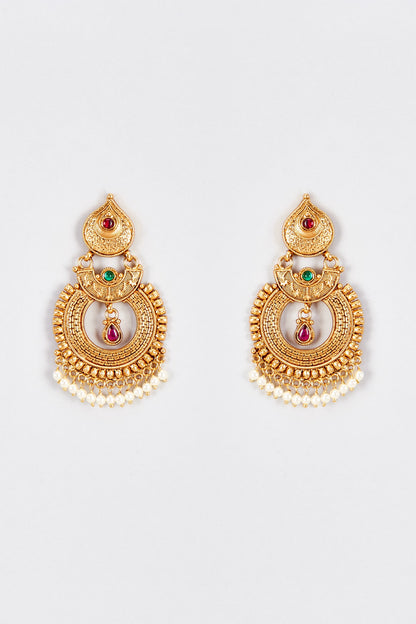 Gold Finish Kundan Polki & Multi-Colored Stone Temple Chandbali Earrings