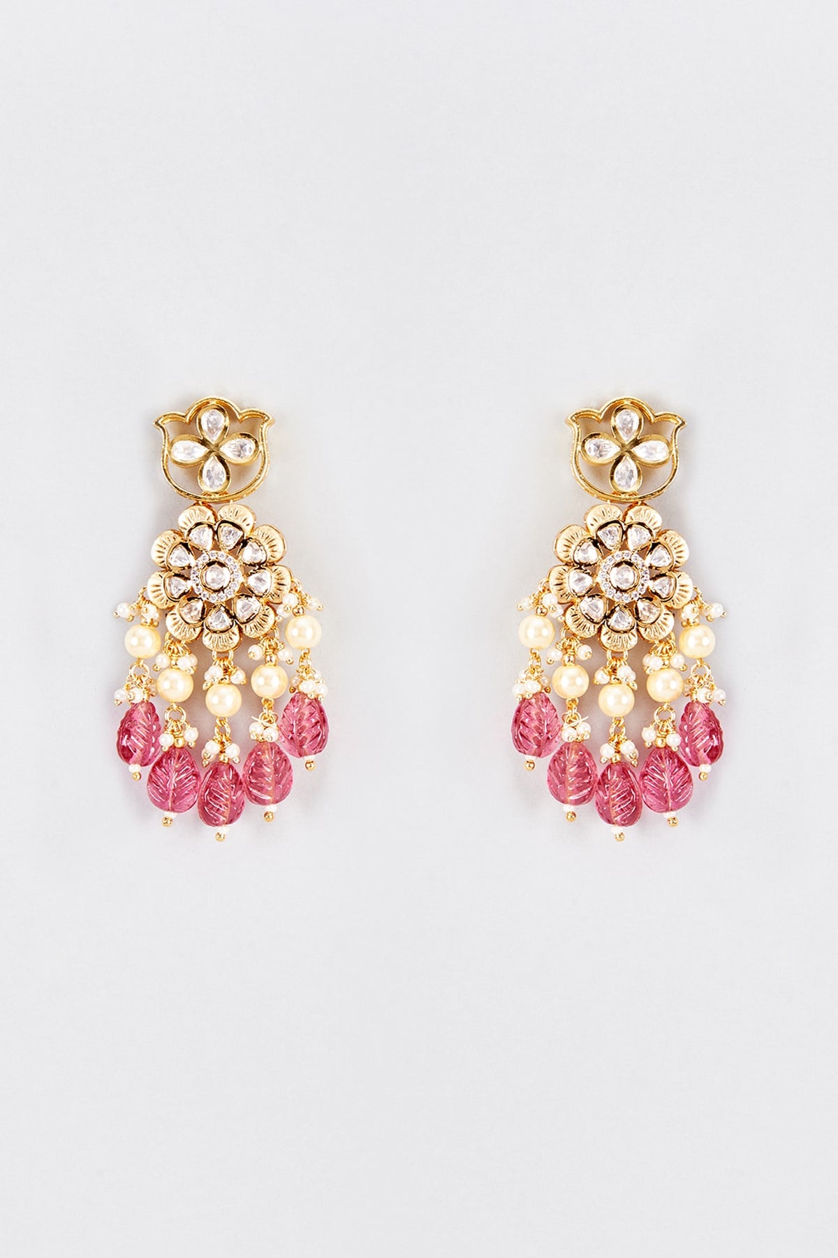 Gold Finish Kundan Polki & Red Beaded Dangler Earrings