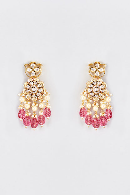 Gold Finish Kundan Polki & Red Beaded Dangler Earrings