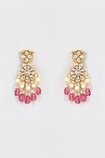 Gold Finish Kundan Polki & Red Beaded Dangler Earrings