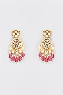 Gold Finish Kundan Polki & Red Beaded Dangler Earrings