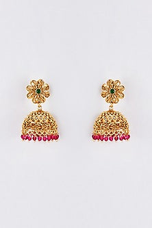 Gold Finish Kundan Polki & Red Beaded Temple Jhumka Earrings