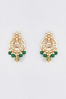 Gold Finish Kundan Polki & Green Beaded Temple Jhumka Earrings