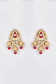 Gold Finish Kundan Polki Temple Dangler Earrings With Red Beads