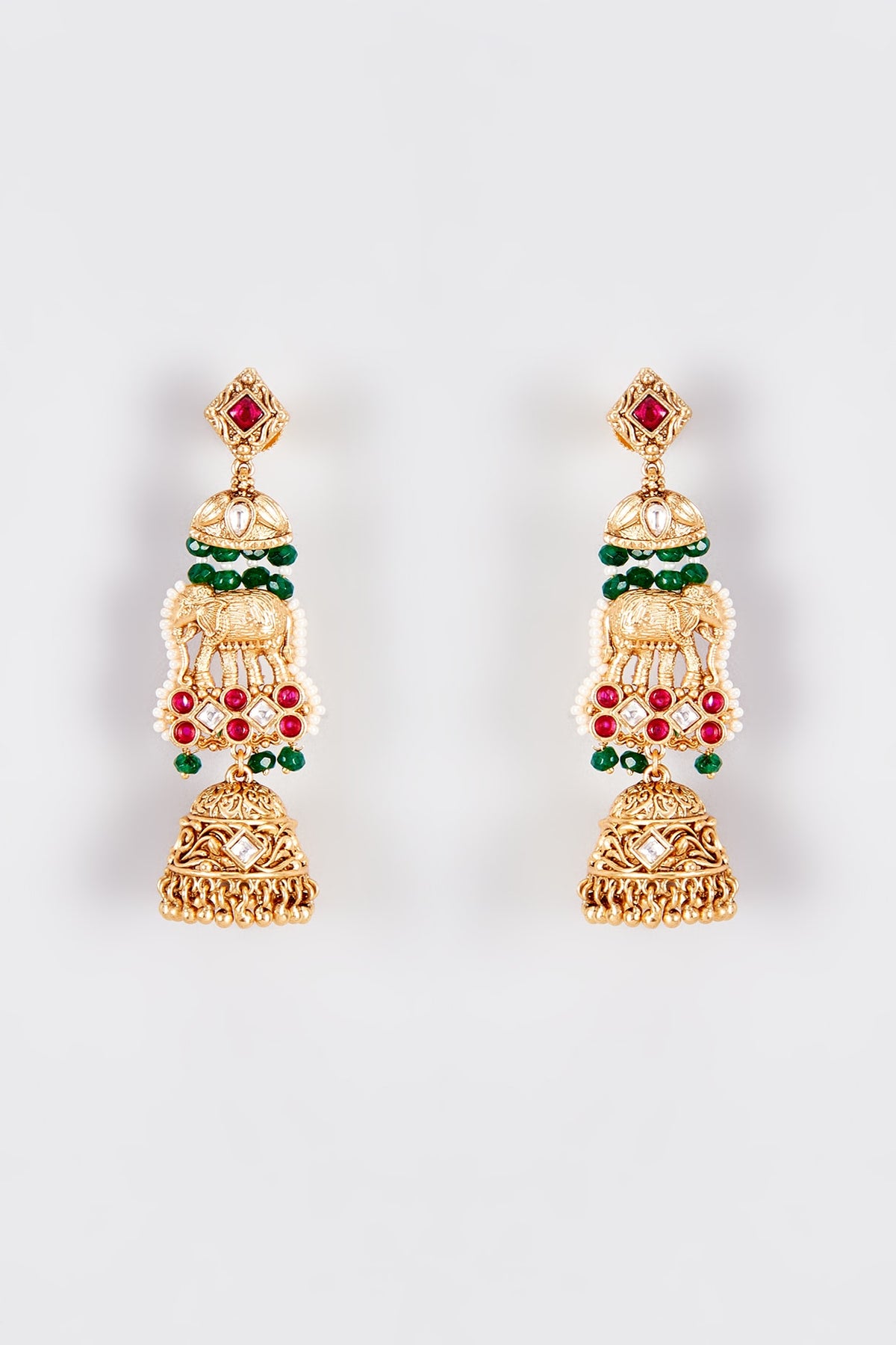 Gold Finish Kundan Polki Temple Jhumka Earrings