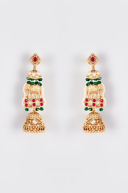 Gold Finish Kundan Polki Temple Jhumka Earrings