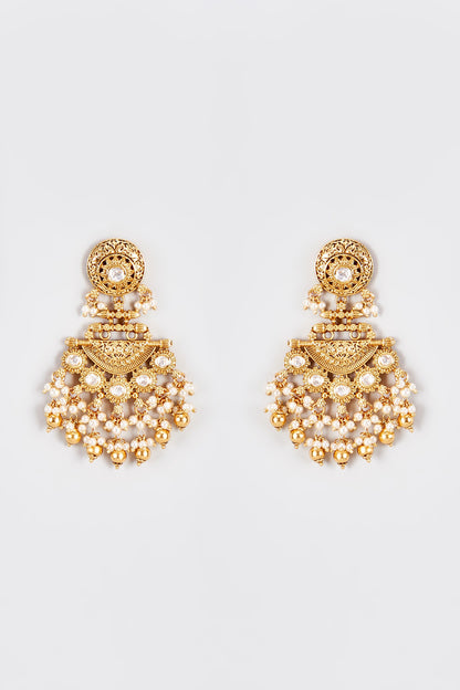 Gold Finish Kundan Polki Temple Dangler Earrings With Pearls