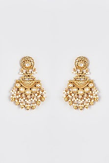 Gold Finish Kundan Polki Temple Dangler Earrings With Pearls