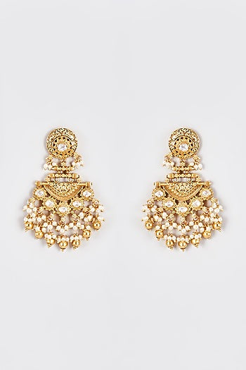 Gold Finish Kundan Polki Temple Dangler Earrings With Pearls