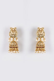 Gold Finish Kundan Polki Temple Jhumka Earrings