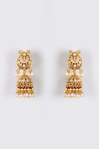 Gold Finish Kundan Polki Temple Jhumka Earrings
