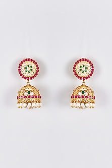 Gold Finish Kundan Polki Temple Jhumka Earrings