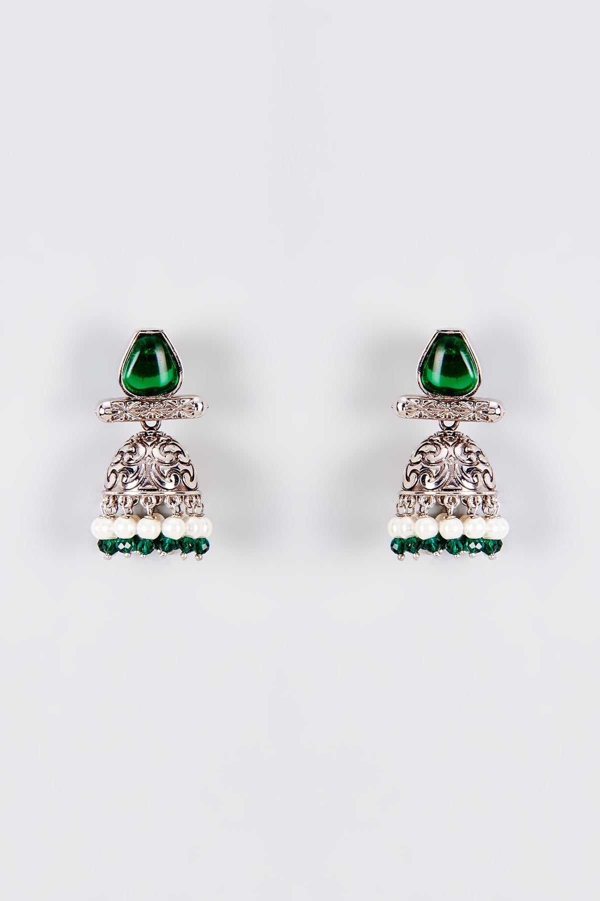 White Finish Kundan Polki & Green Stone Jhumka Earrings