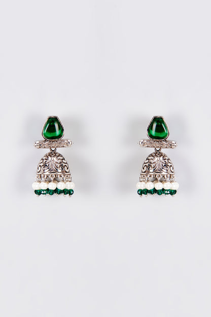 White Finish Kundan Polki & Green Stone Jhumka Earrings