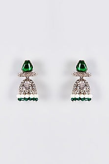 White Finish Kundan Polki & Green Stone Jhumka Earrings