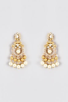 Gold Finish Kundan Polki & Pearl Temple Dangler Earrings