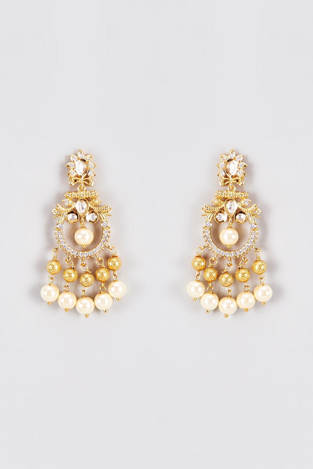 Gold Finish Kundan Polki & Pearl Temple Dangler Earrings