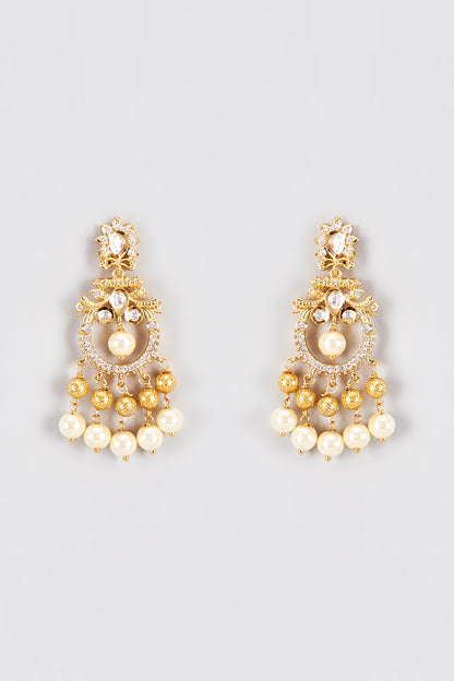Gold Finish Kundan Polki & Pearl Temple Dangler Earrings