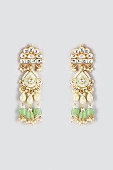 Gold Finish Kundan Polki & Synthetic Green Beaded Dangler Earrings