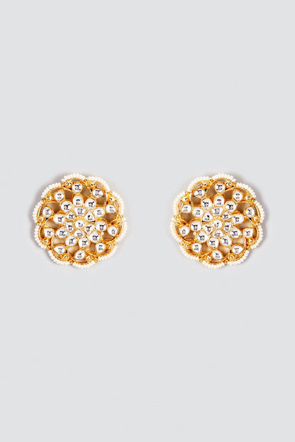 Gold Finish Kundan Polki & Pearl Stud Earrings