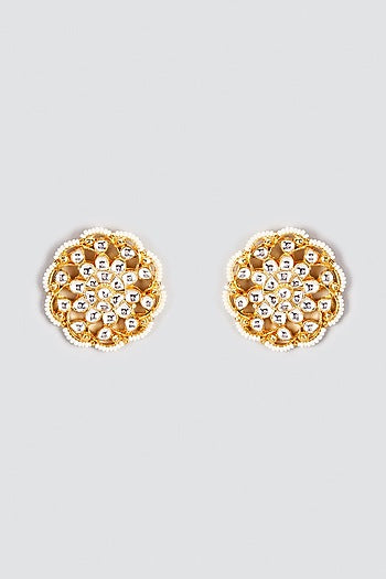 Gold Finish Kundan Polki & Pearl Stud Earrings