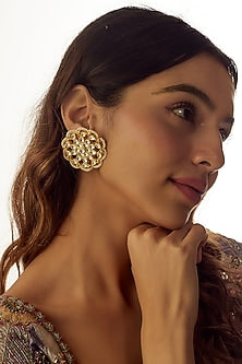Gold Finish Kundan Polki & Pearl Stud Earrings