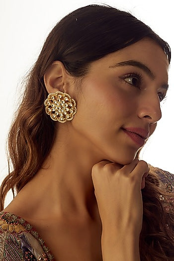 Gold Finish Kundan Polki & Pearl Stud Earrings
