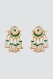 Gold Finish Kundan Polki & Green Stone Dangler Earrings