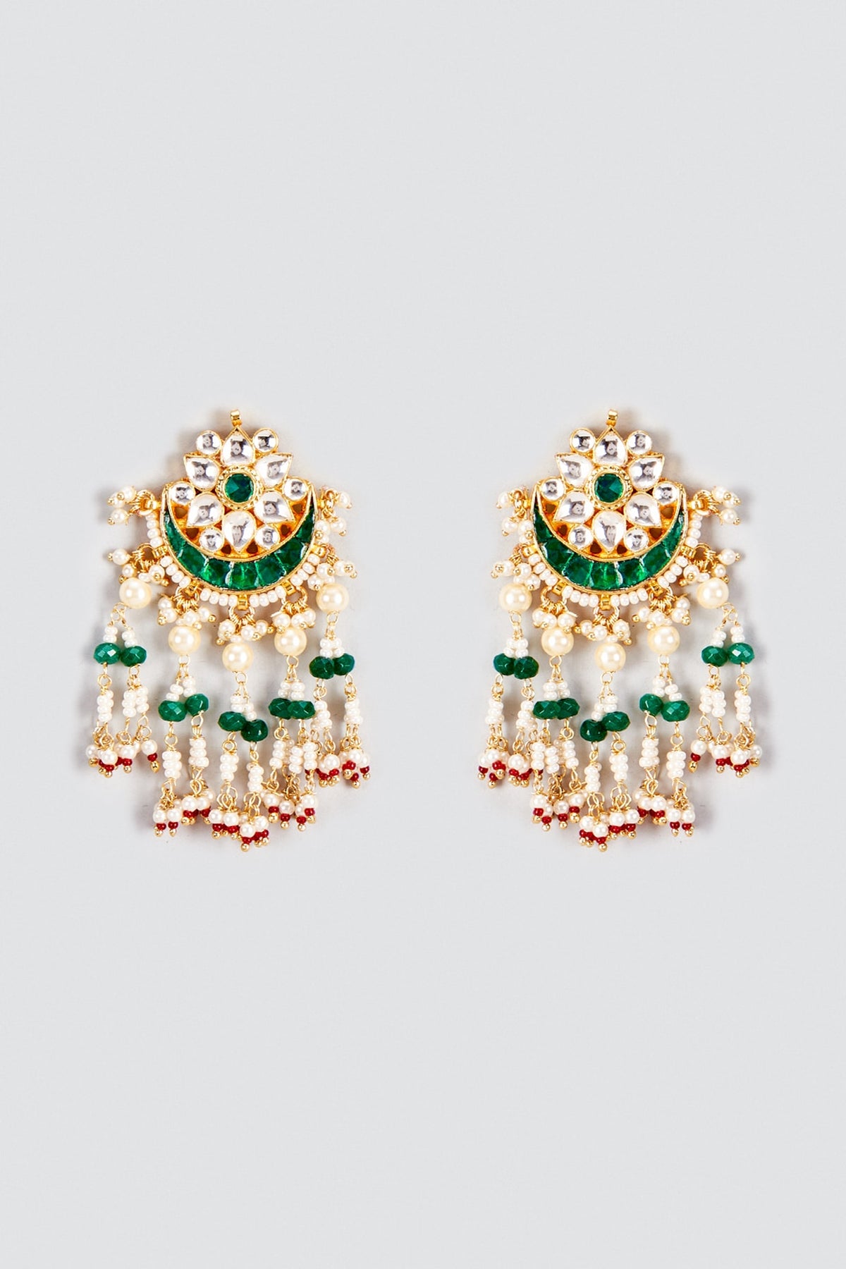 Gold Finish Kundan Polki & Green Stone Dangler Earrings
