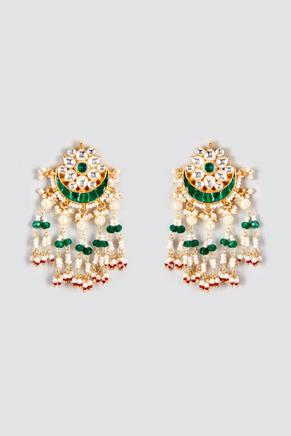 Gold Finish Kundan Polki & Green Stone Dangler Earrings