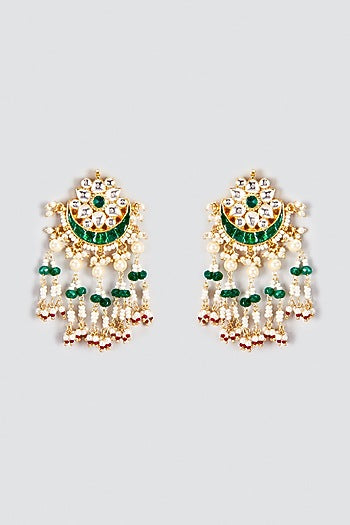 Gold Finish Kundan Polki & Green Stone Dangler Earrings