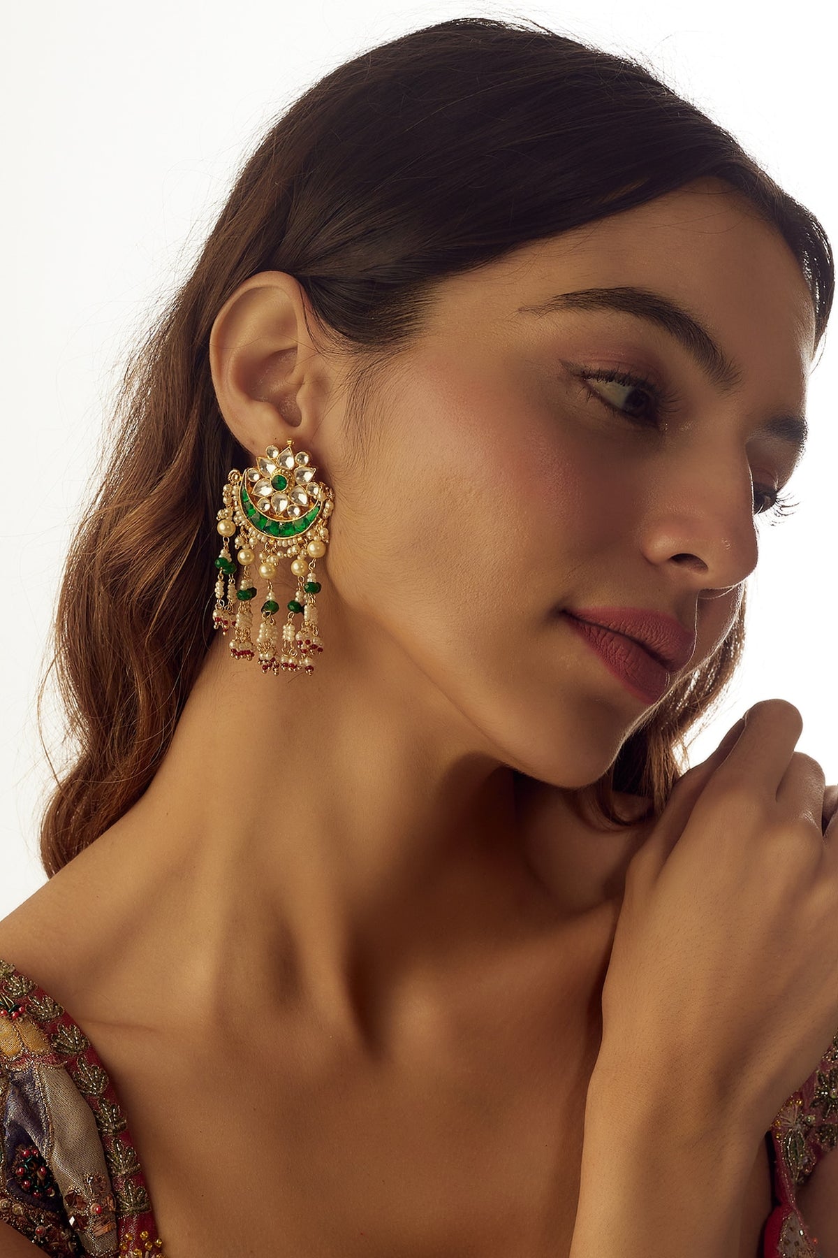 Gold Finish Kundan Polki & Green Stone Dangler Earrings