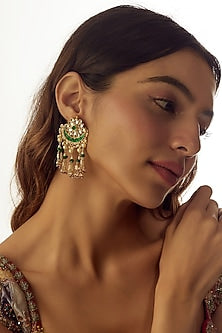 Gold Finish Kundan Polki & Green Stone Dangler Earrings