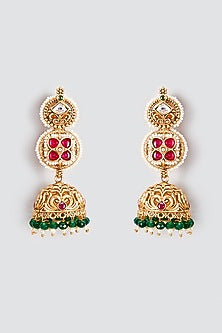 Gold Finish Kundan Polki Temple Jhumka Earrings