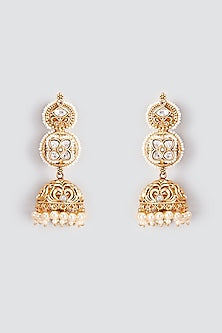 Gold Finish Kundan Polki & Pearl Temple Jhumka Earrings