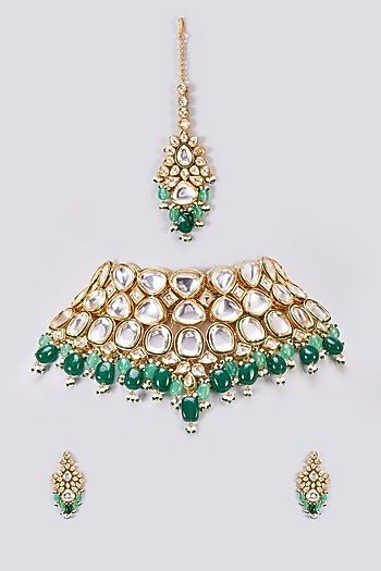 Gold Finish Kundan Polki & Green Beaded Choker Necklace Set