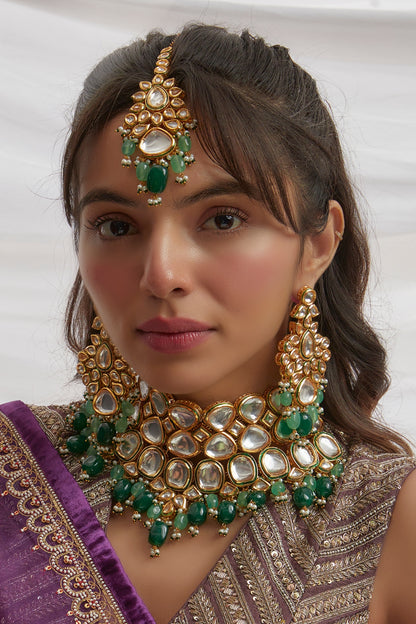Gold Finish Kundan Polki & Green Beaded Choker Necklace Set