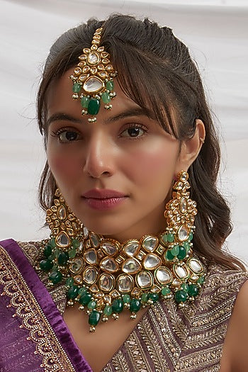 Gold Finish Kundan Polki & Green Beaded Choker Necklace Set